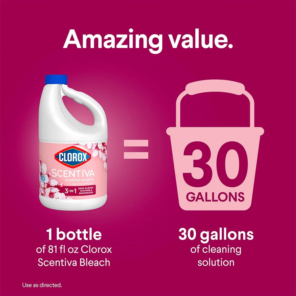 Amazing value: one bottle of Scentiva bleach equals 30 gallons of cleaning solution