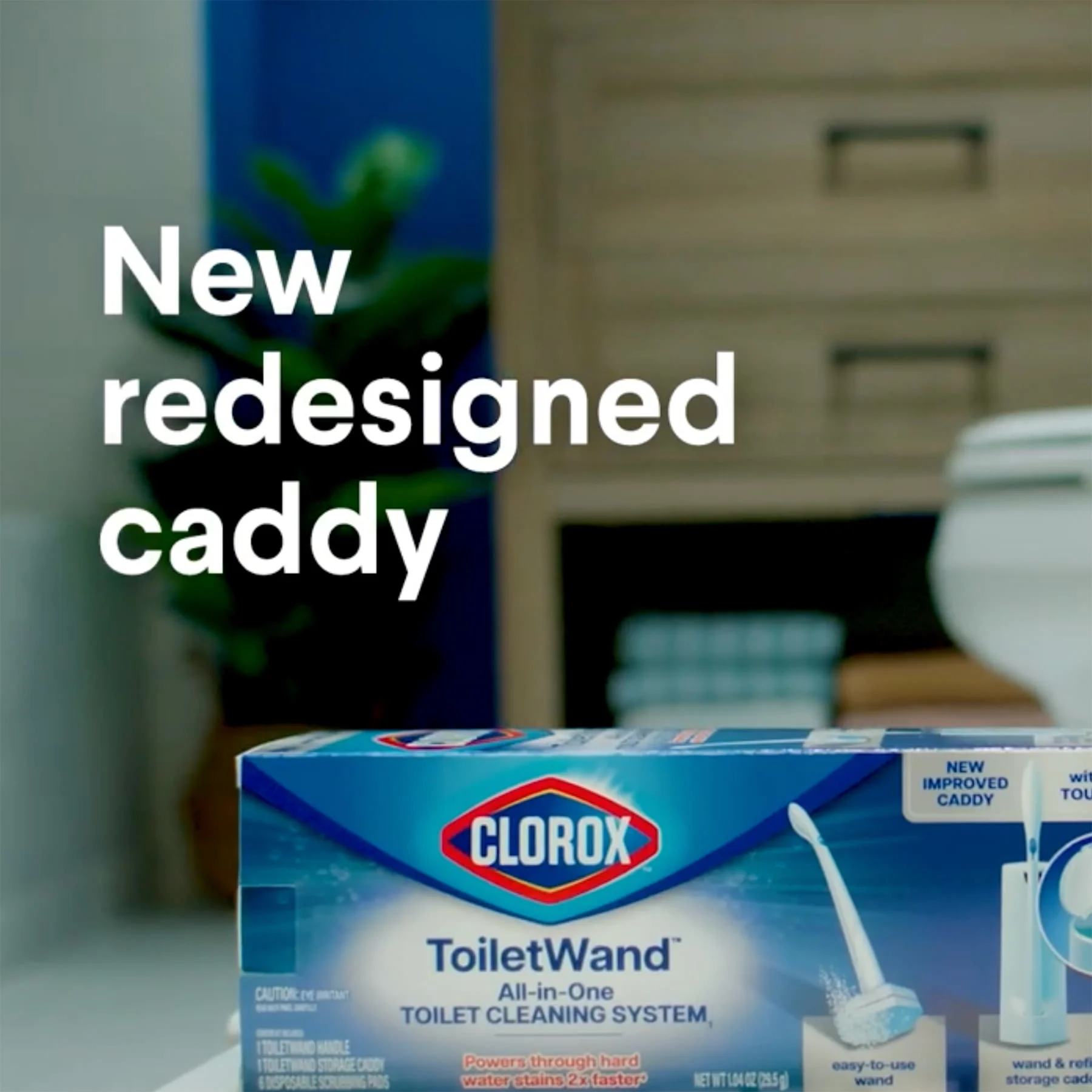 Clorox ToiletWand box with "New redesigned caddy" text on blurred home background