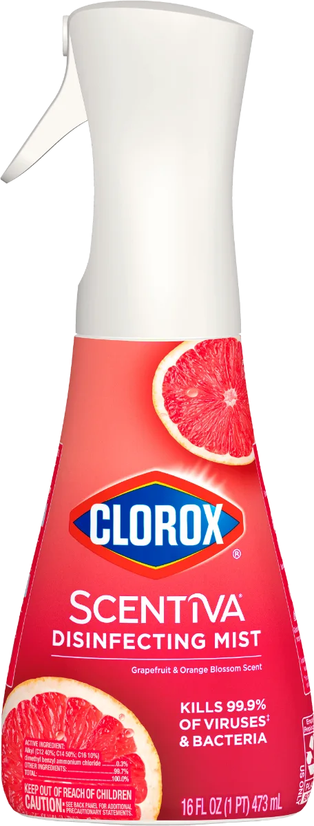 Clorox™ Scentiva™ Disinfecting Mist bottle with grapefruit and orange blossom scent on a red gradient background.