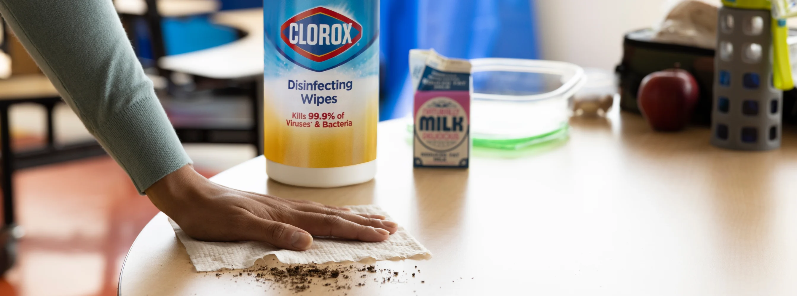 disinfecting wipes on a table in a school setting