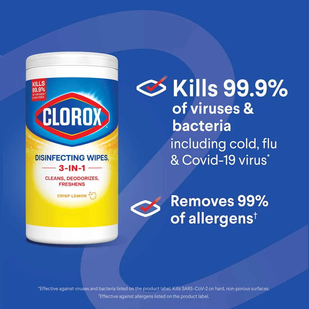 Kills 99.9% of viruses & bacteria, image of a canister of disinfecting wipes