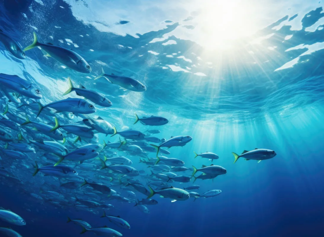 School of blue and yellow fish swimming underwater with bright sunlight rays penetrating the turquoise ocean surface above