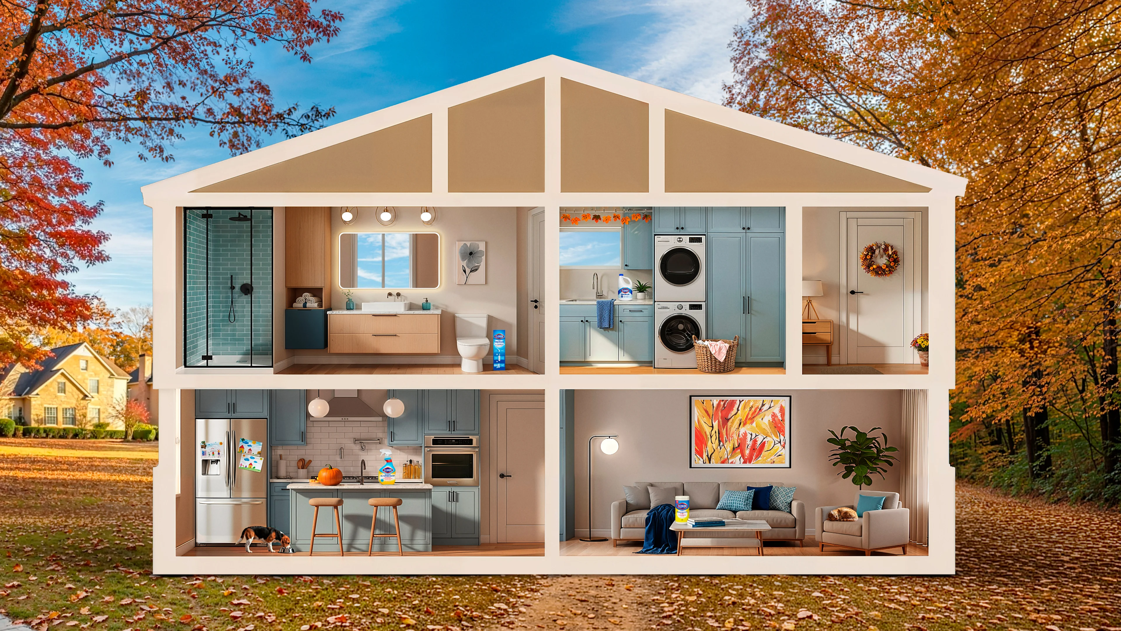 Cross-section of a house showing various rooms, such as a laundry room, bedroom, bathroom and kitchen