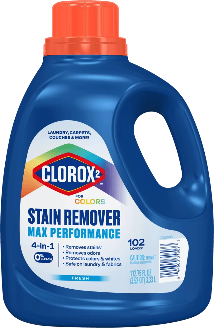 A blue bottle of Clorox laundry product with rainbow label, Clorox logo, and orange cap against a white background.