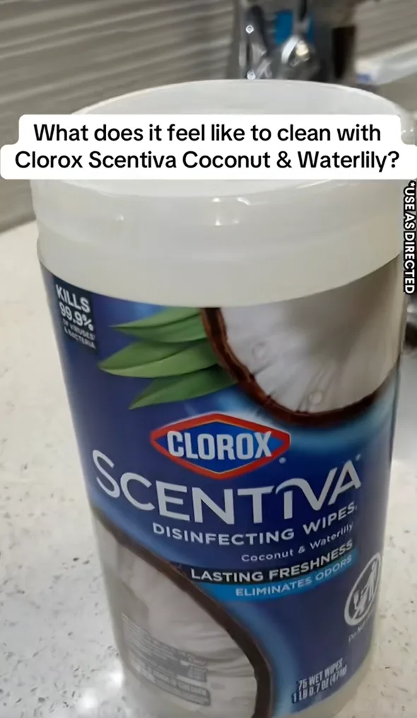 Caddy y varita Clorox ToiletWand sobre el suelo del baño junto a un inodoro blanco limpio con un encabezado de instrucciones.