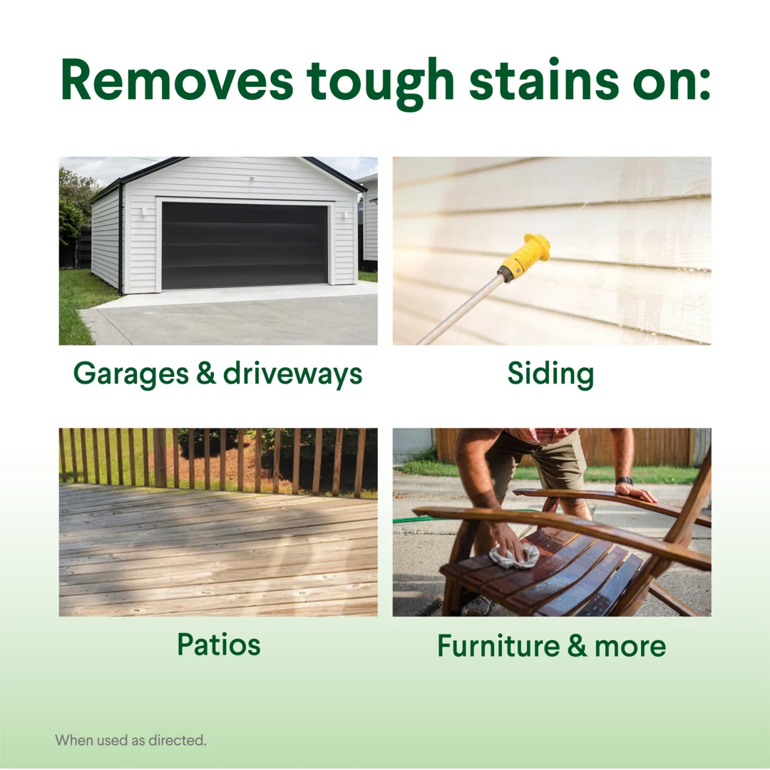 Removes tough stains on garages * driveways, siding, patios, furniture & more