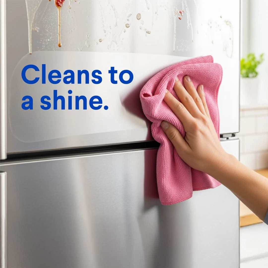 Una persona limpiando un refrigerador de acero inoxidable con un paño rosa y las palabras "Limpia y lo deja brillante".
