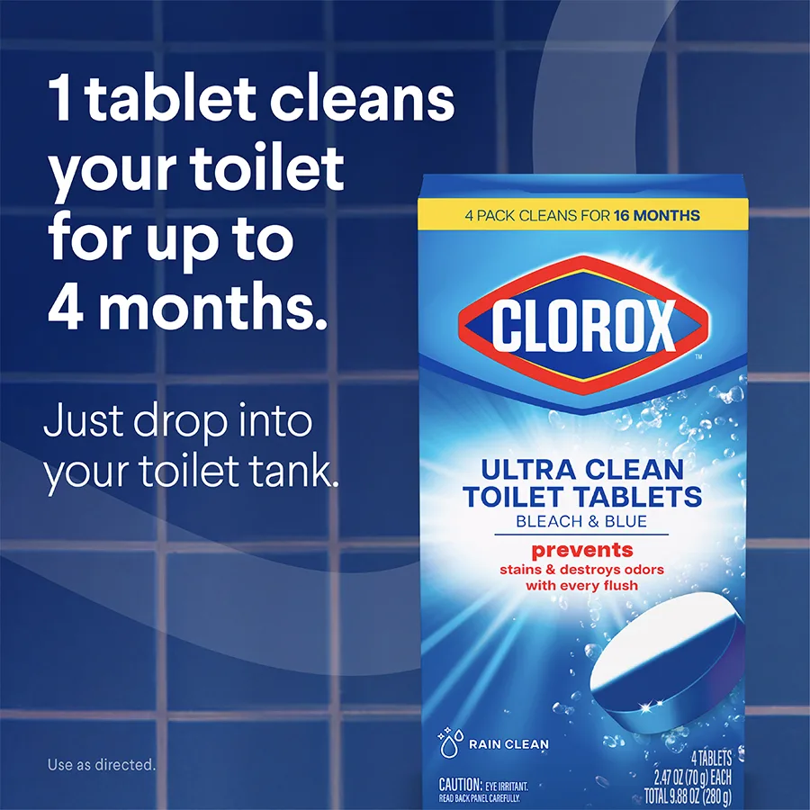 1 tablet cleans your toilet for up to 4 months: automatic toilet cleaner box on tile background