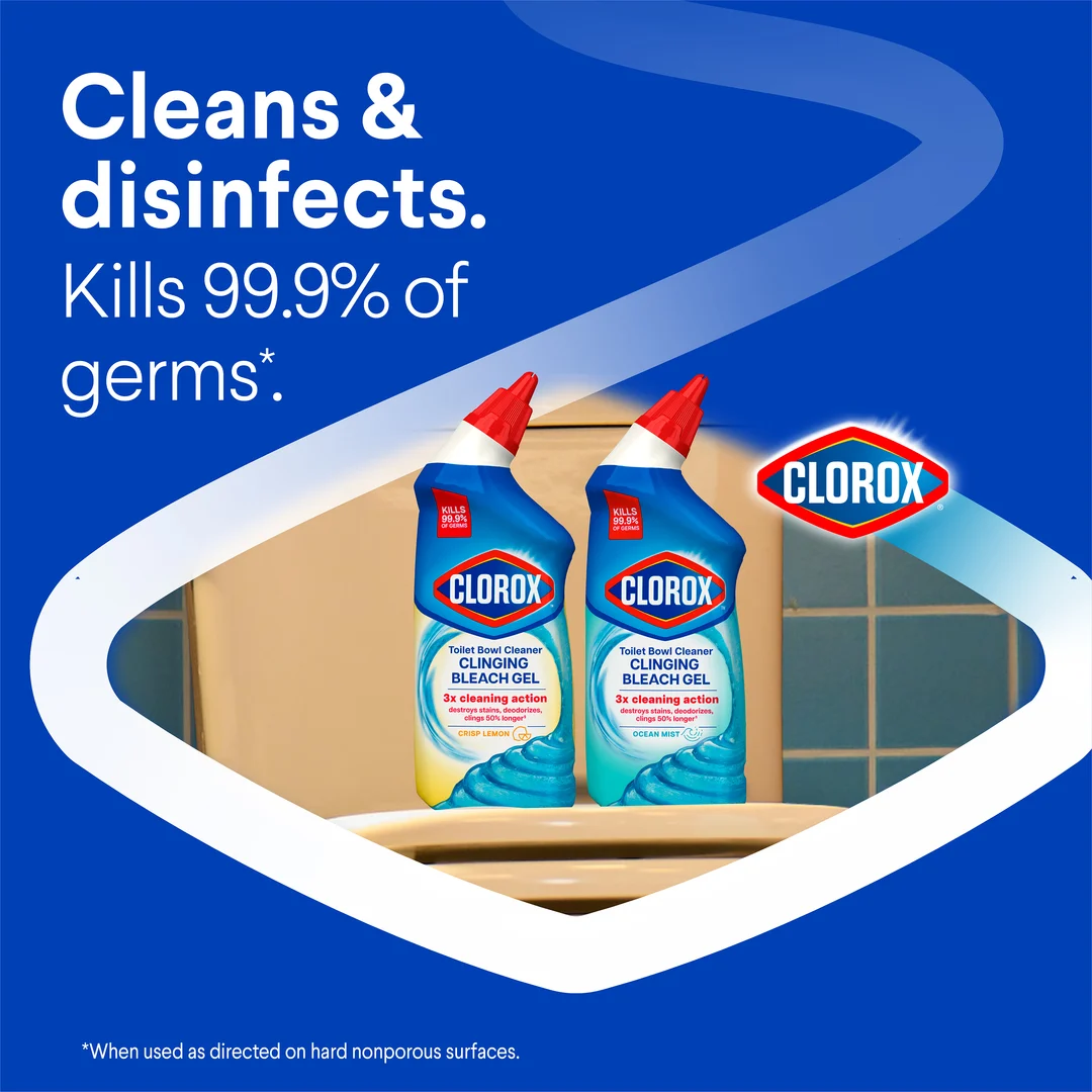 Two squirt bottles of Clorox toilet bowl cleaner, cleans & disinfects and kills 99.9% of germs.