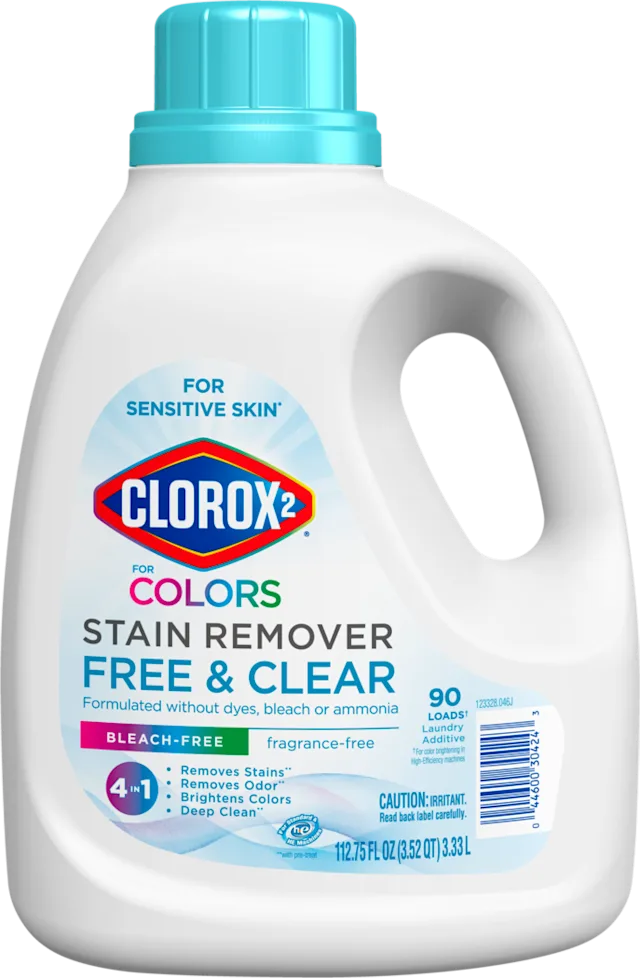 Bottle of Clorox 2 for Colors Free & Clear Max Performance Stain Remover Liquid.