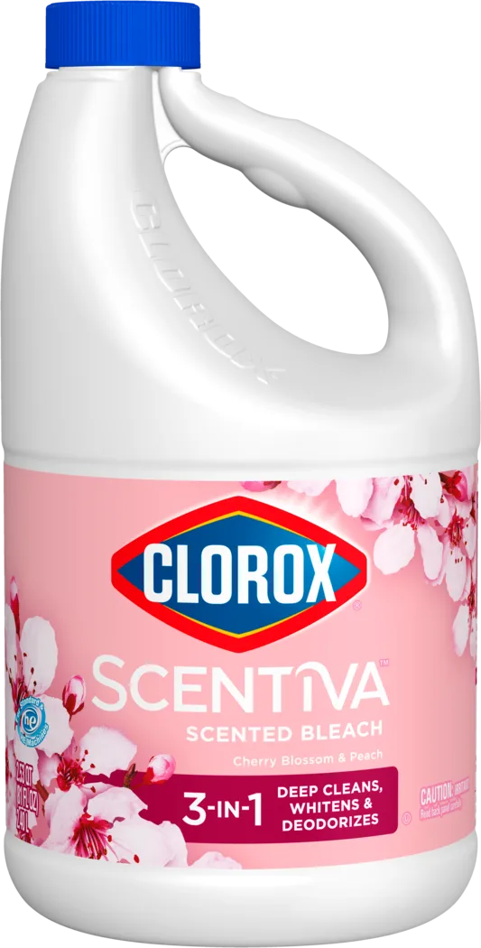 Plastic jug of Clorox Scentiva bleach in Cherry Blossom & Peach scent