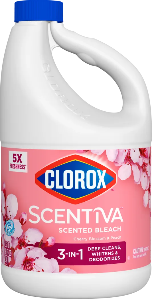 Plastic jug of Clorox Scentiva bleach in Cherry Blossom & Peach scent