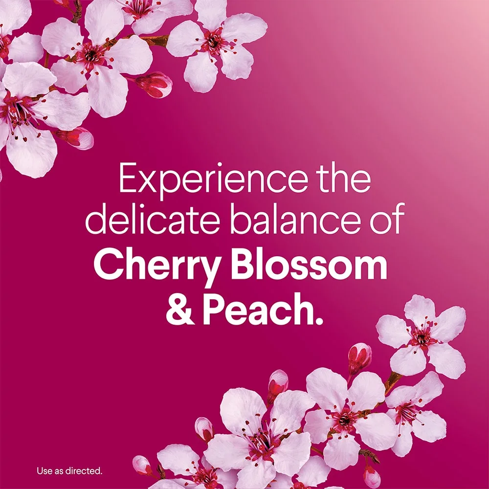 The words, Experience the delicate balance of cherry blossom and peach surrounded by cherry blossom flowers