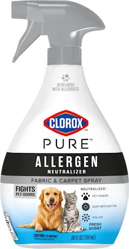 A spray bottle of Clorox™ PURE™ Pet Allergen Neutralizer Fabric & Carpet Spray Fresh scent