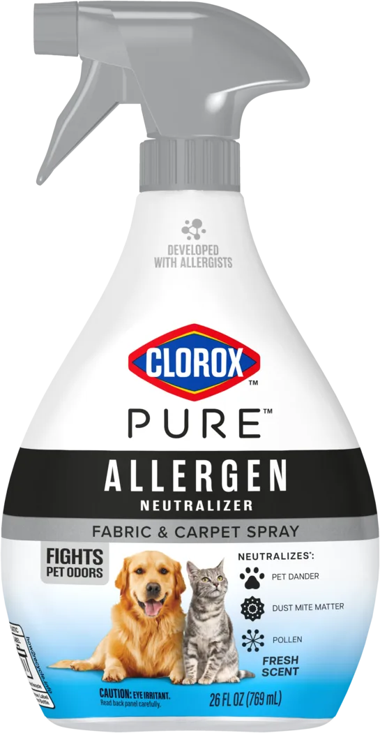 A spray bottle of Clorox™ PURE™ Pet Allergen Neutralizer Fabric & Carpet Spray Fresh scent