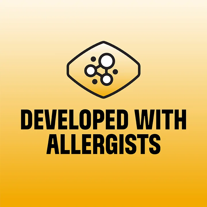 Developed with allergists: illustration of molecules in a chevron on a yellow background