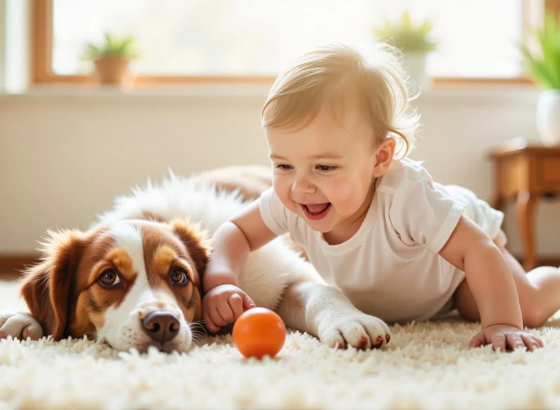 Smiling blonde toddler in white shirt playing with brown and white puppy and orange ball on cream carpet indoors.