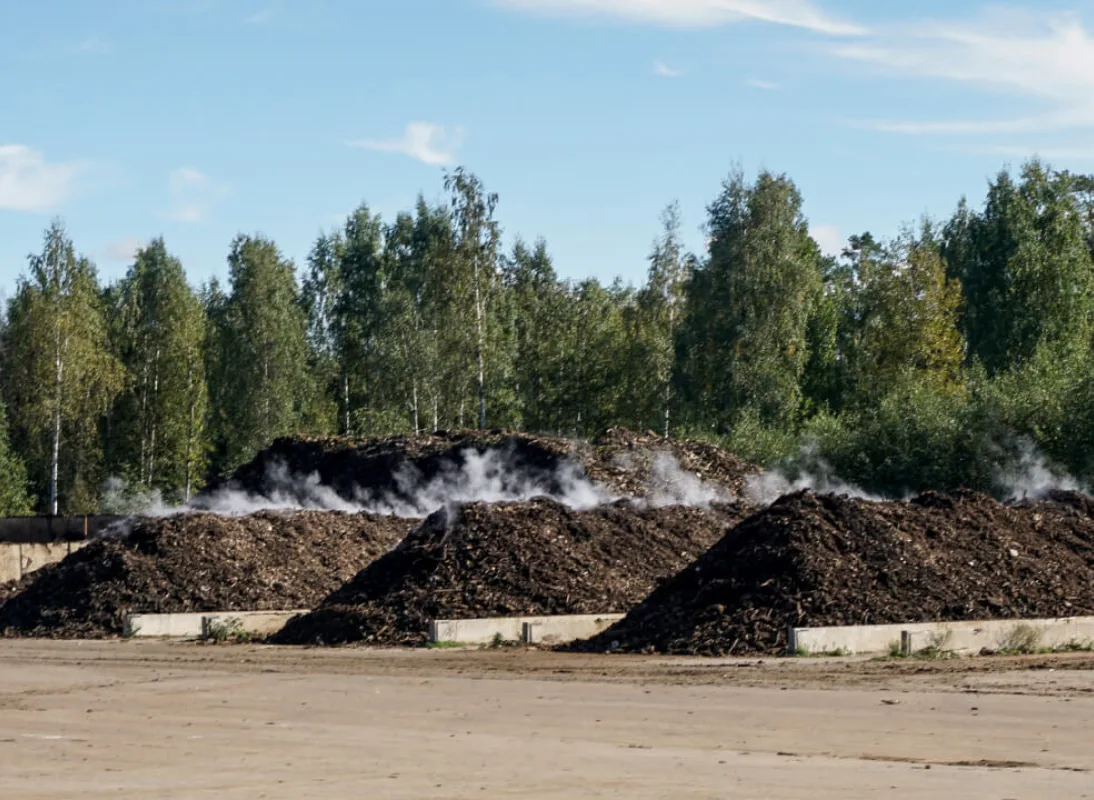 piles of composting soil with forest in the background