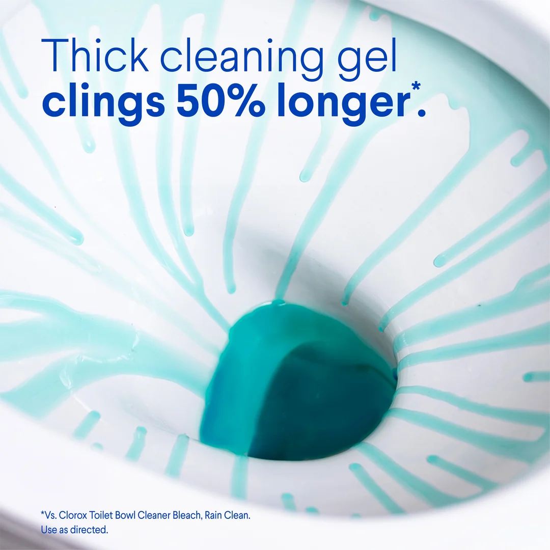 Close-up toilet bowl with cleaner dripping from rim, thick cleaning gel clings 50% longer.