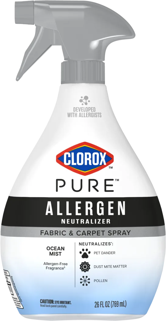 A spray bottle of Clorox PURE Allergen Neutralizer Fabric & Carpet Spray Ocean Mist scent