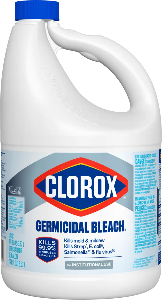 White plastic jug of Clorox Germicidal Bleach with blue cap and blue label for institutional use.
