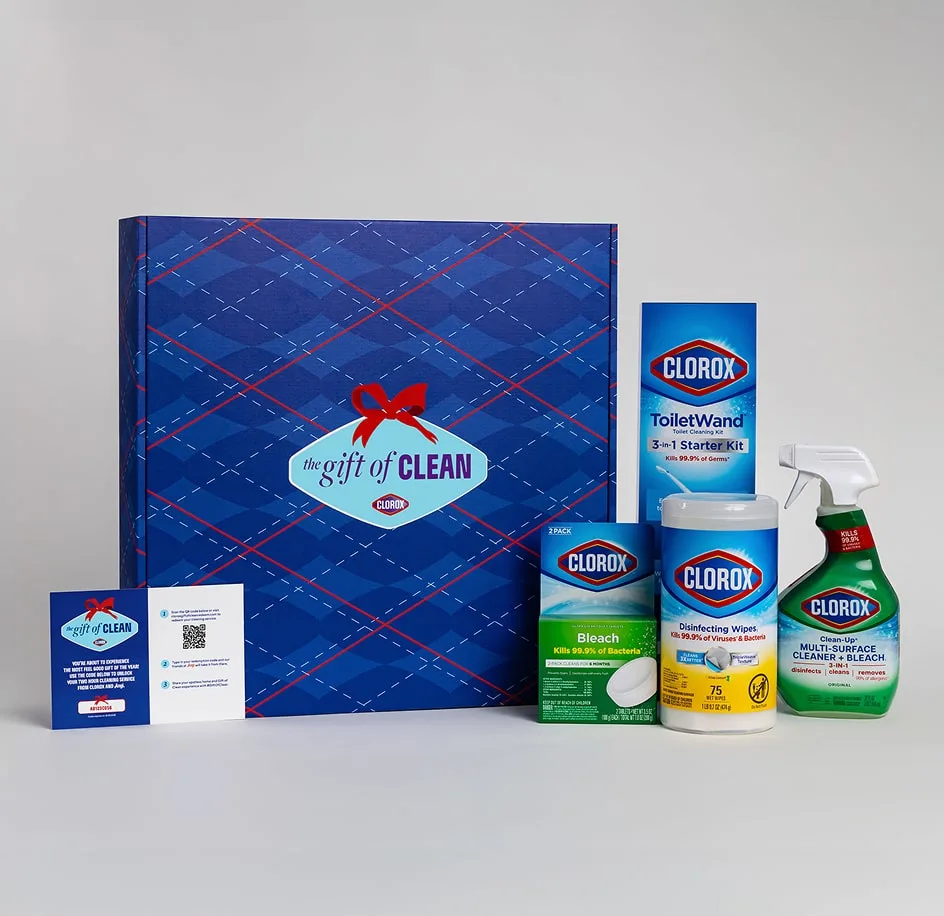 Gift of Clean box with Clorox products such as Clean-Up spray and Disinfecting Wipes