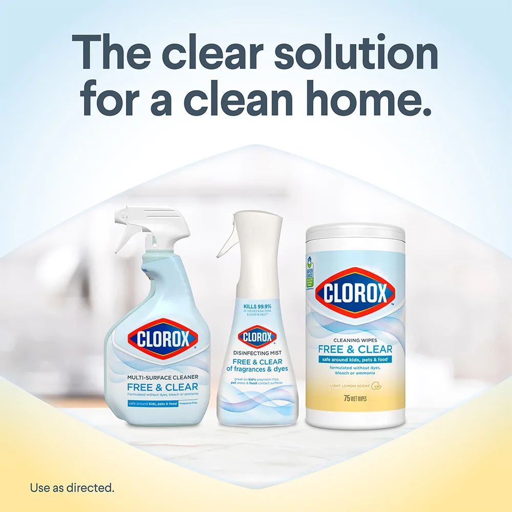 Línea familiar de productos Free & Clear con las palabras "La solución transparente para un hogar limpio" sobre un fondo azul claro y amarillo.