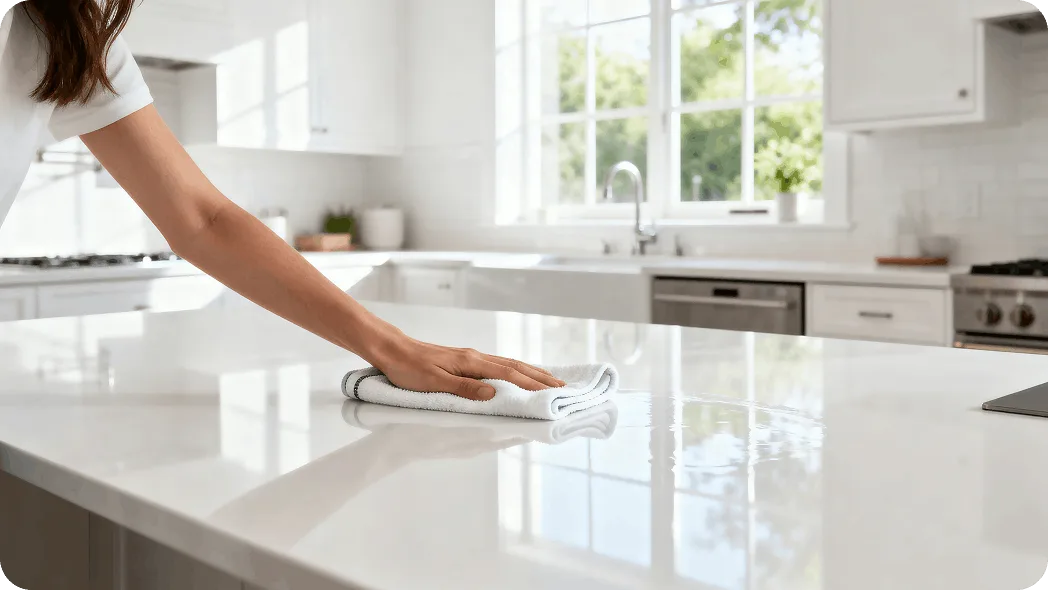 Person wiping a white kitchen countertop in a bright modern kitchen
