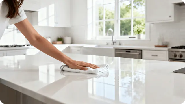 Person wiping a white kitchen countertop in a bright modern kitchen