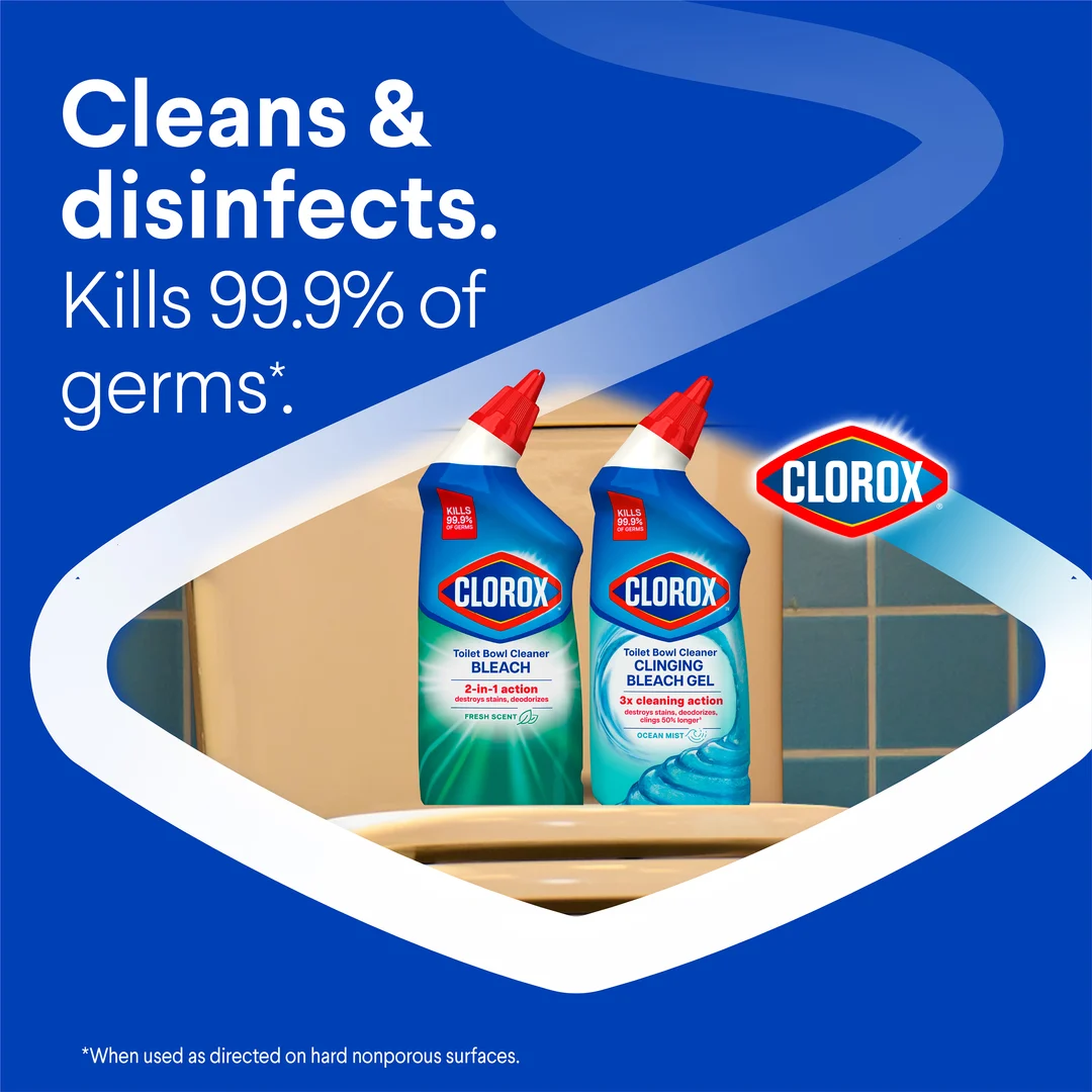 Dos botellas con atomizador de limpiador de inodoro Clorox, limpia, desinfecta y elimina el 99,9 % de los gérmenes.