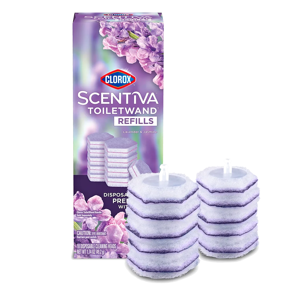 Box with purple flowers and "Clorox™ Scentiva™ ToiletWand Refills" printed on the front against a white background.