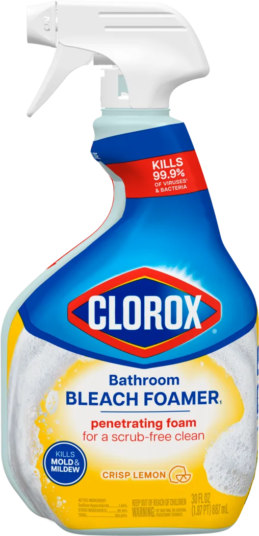 Spray bottle of Clorox Bleach Foamer & Grout Cleaner, Crisp Lemon scent.