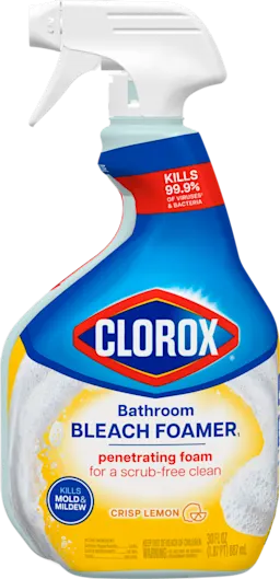 Spray bottle of Clorox Bleach Foamer & Grout Cleaner, Crisp Lemon scent.