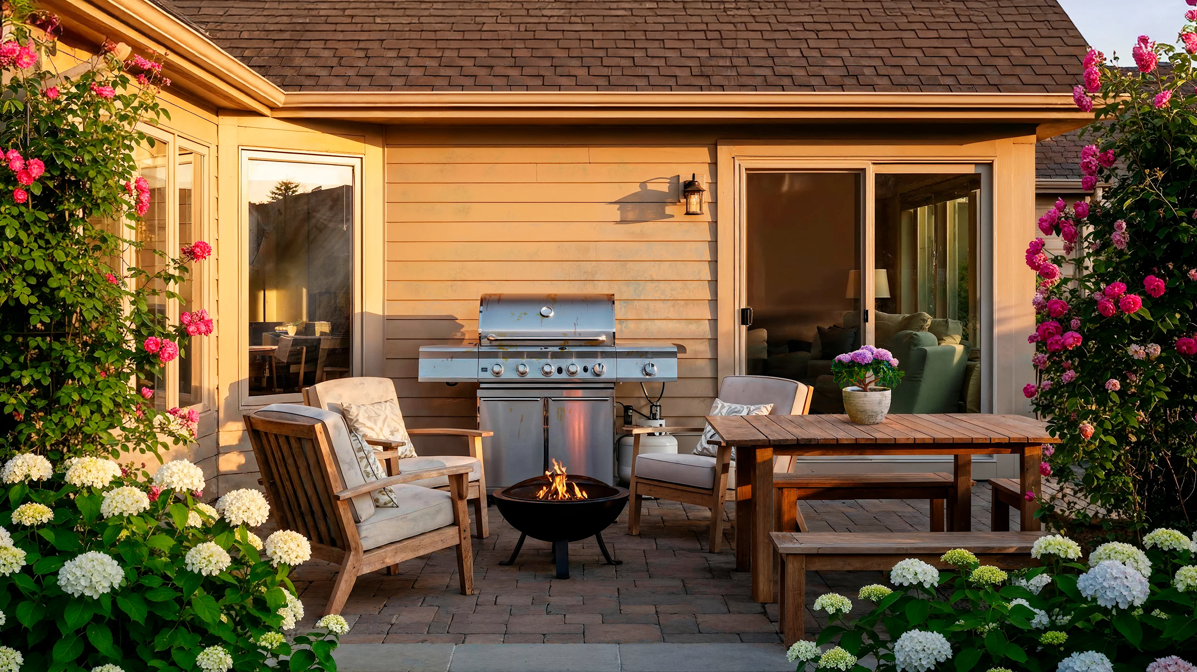 Outdoor patio of a house with gas grill, patio furniture and white flowers