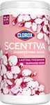 A white plastic canister with a pink label that says Clorox™ Scentiva™ and features cherry blossom images floating in water.