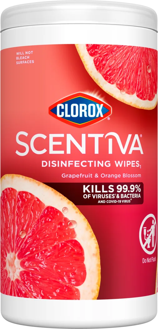Canister of Clorox™ Scentiva™ Disinfecting Wipes, Grapefruit & Orange Blossom scent.