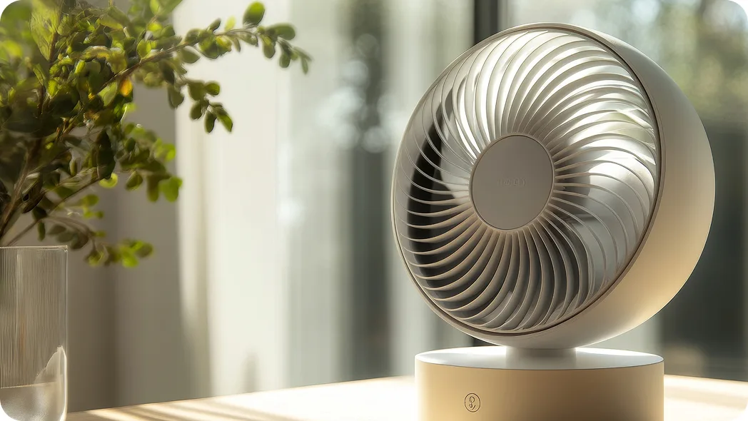 A tabletop fan with drapes in the background next to a plant