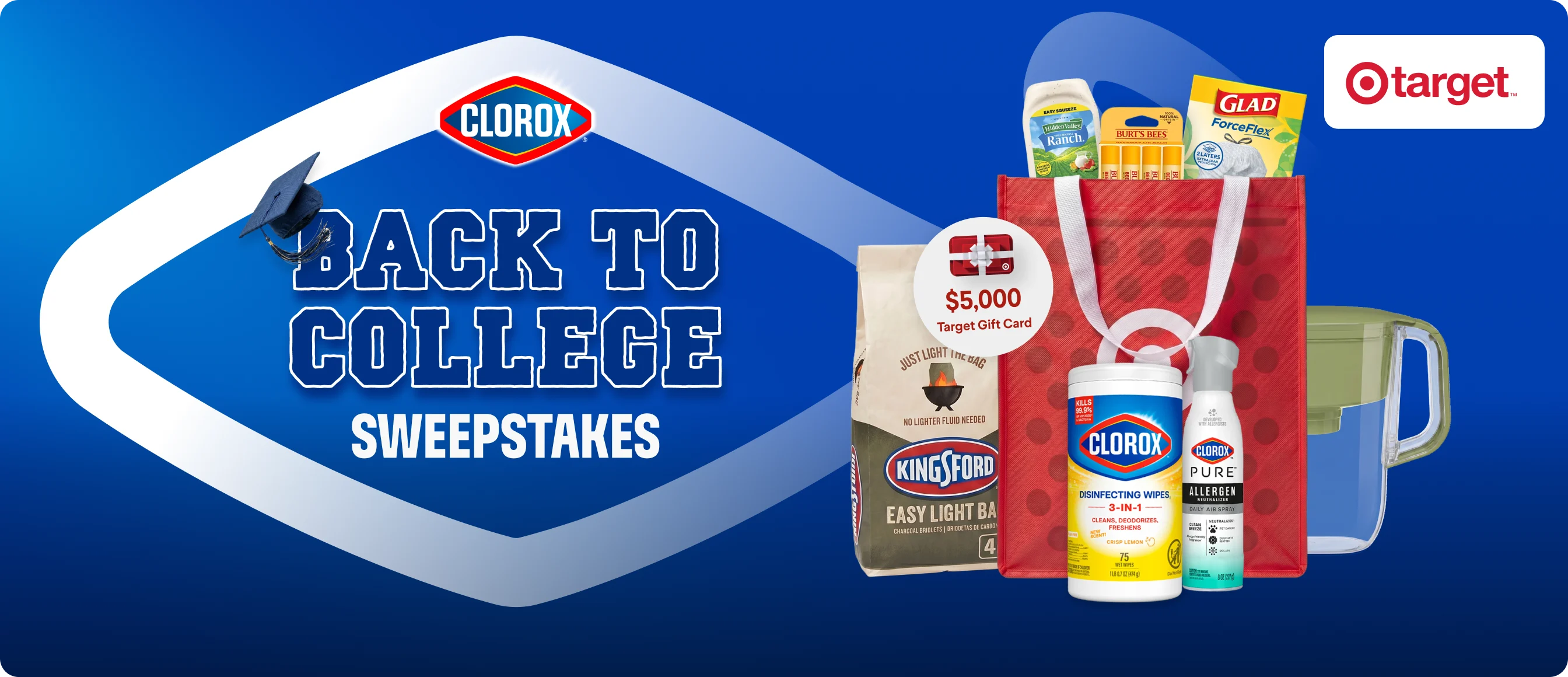 Clorox Back to College Sweepstakes with Target: red tote of dorm essentials and a $5,000 Target Gift Card on a blue background.