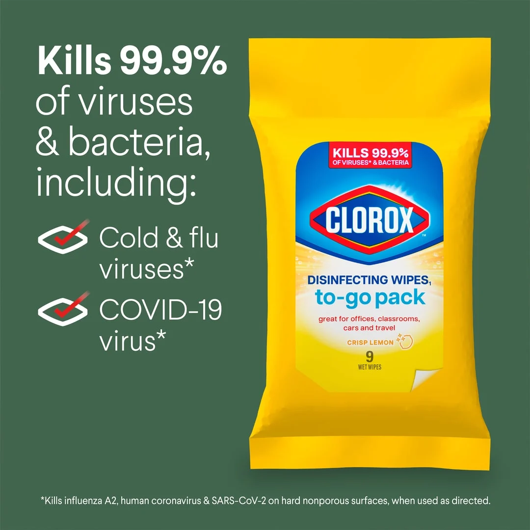 Elimina el 99,9% de virus y bacterias, imagen de un paquete de toallitas desinfectantes.