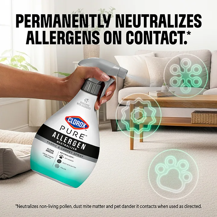 Permanently neutralizes allergens on contact: PURE Allergen Frabric Spray bottle with illustrated allergens floating around a living room