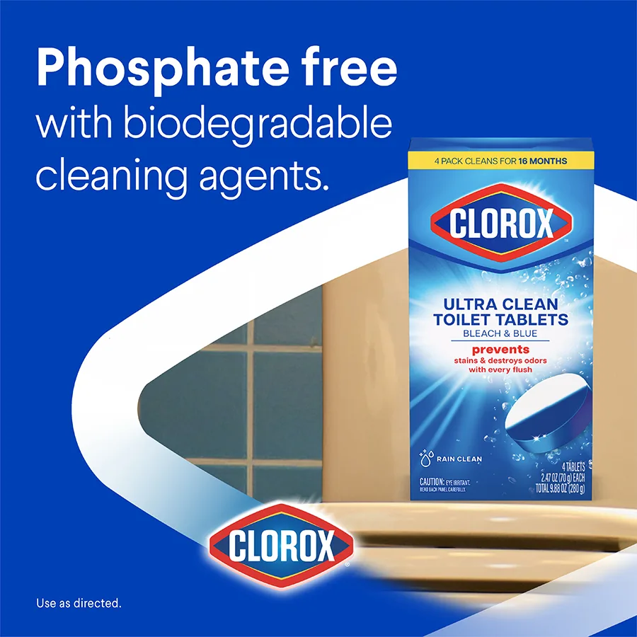 Phosphate free with biodegradable cleaning agents: box of automatic cleaning tablets on a blue background with chevron