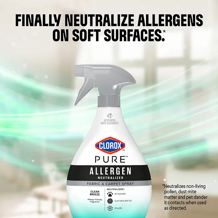 Finally Neutralize Allergens on Soft Surfaces: a bottle of PURE Allergen Fabric spray with a green swoosh of light in the background