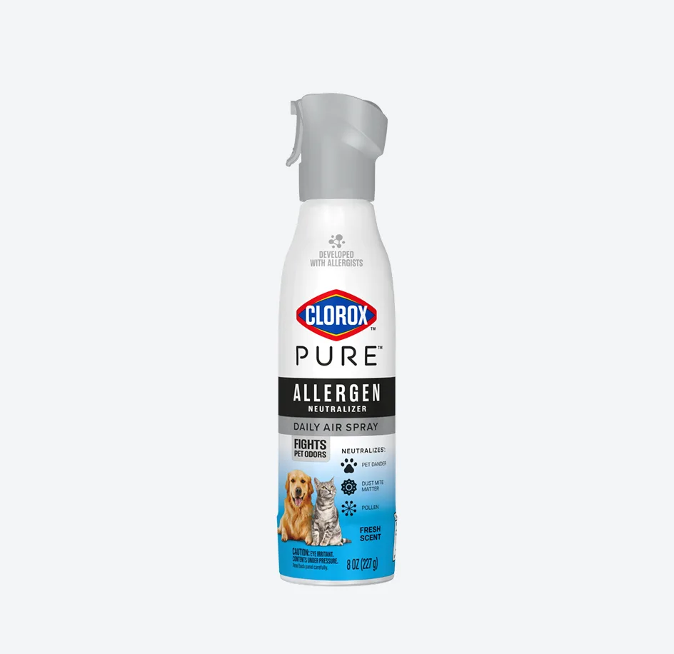 A spray bottle of Clorox™ PURE™ Pet Allergen Neutralizer Daily Air Spray Fresh scent