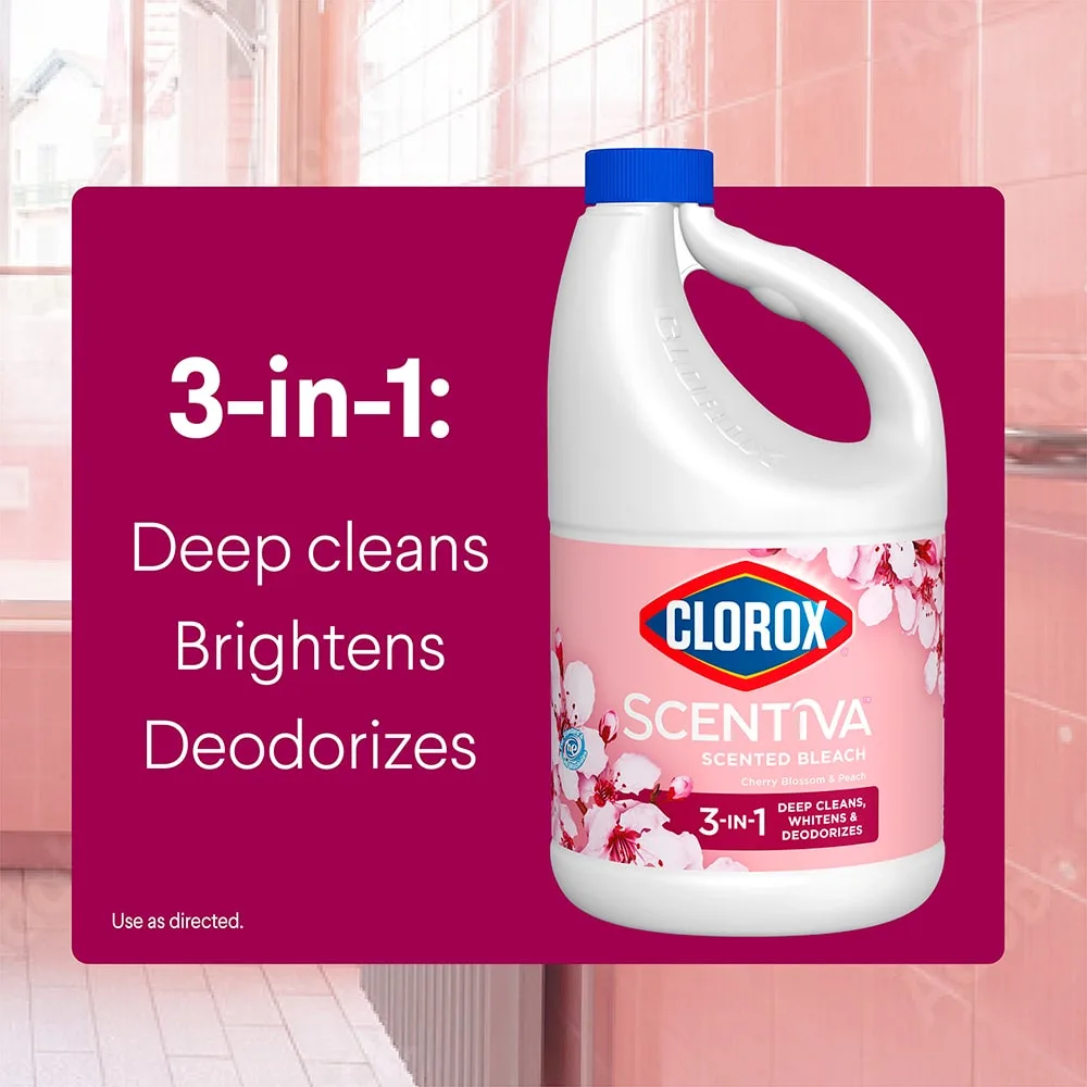 Scentiva Cherry Blossom bleach bottle with the words 3 in 1: Deep cleans, brightens, deodorizes