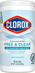 White plastic canister with a light blue label that shows the Clorox logo and blue wave design.