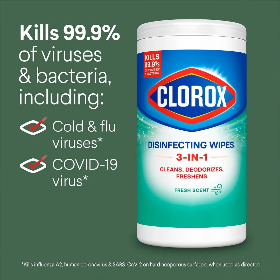 Kills 99.9% of viruses & bacteria, image of a canister of disinfecting wipes