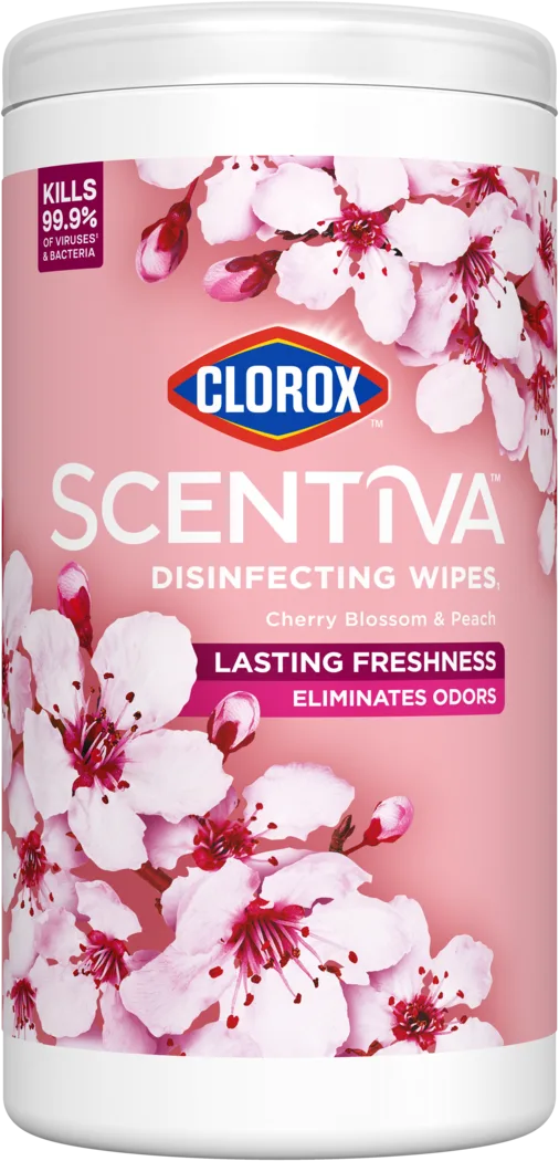 A canister of Scentiva Disinfecting Wipes Cherry Blossom & Peach scent