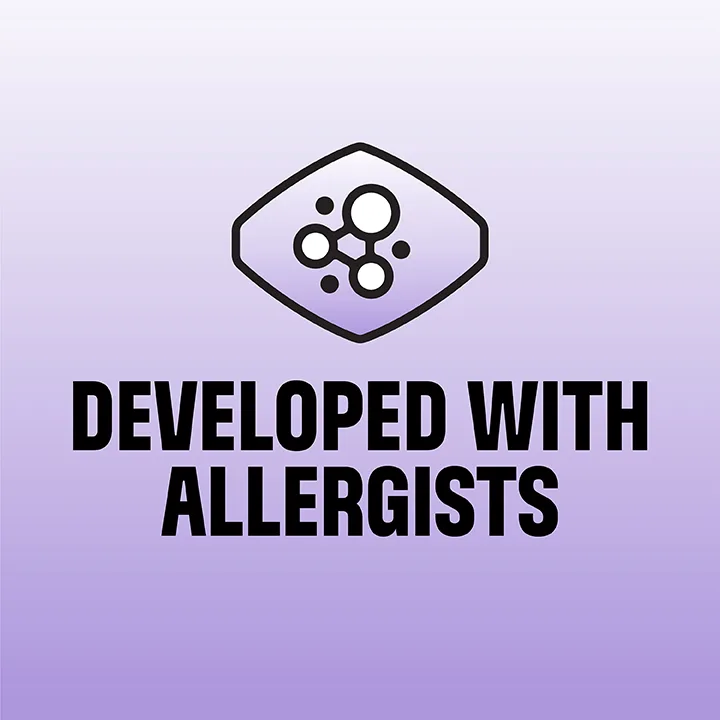 Developed with allergists: illustration of molecules in a chevron on a purple background