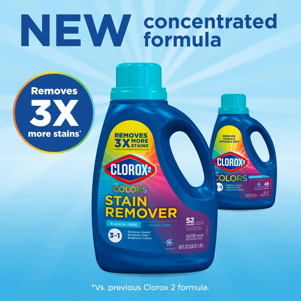 new concentrated formula, removes 3x more stains when used as directed