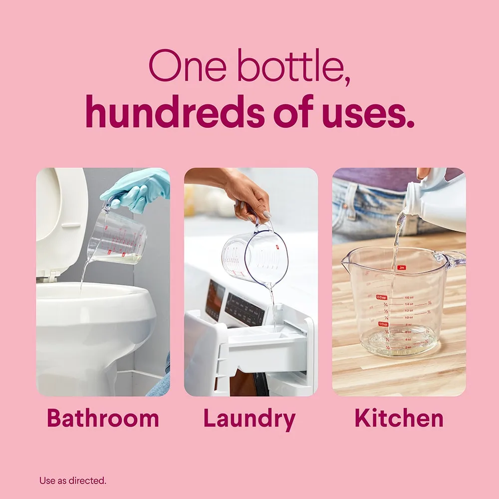 One bottle, hundreds of uses: 3 panels showing how Scentiva bleach can be used for bathroom, laundry and kitchen cleaning.